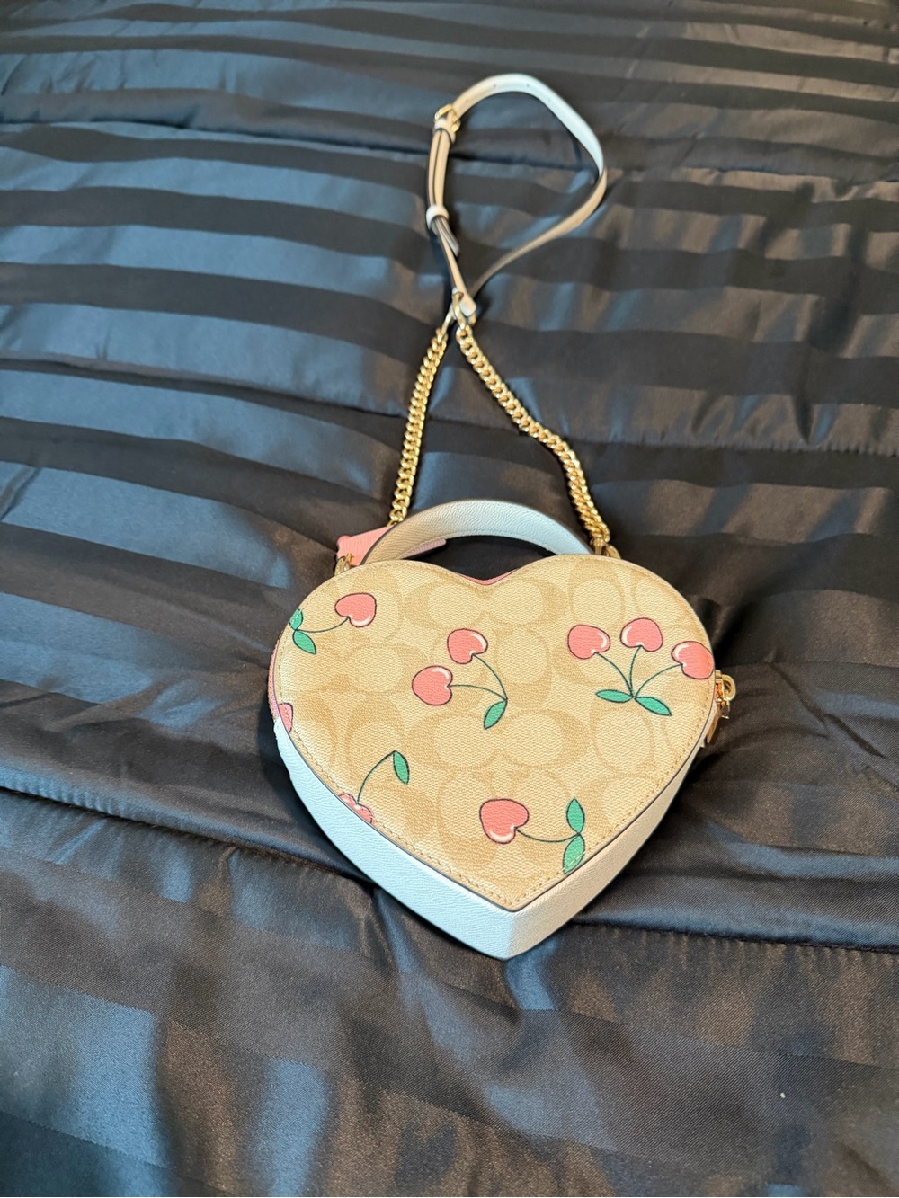 Coach Beige Signature Heart Crossbody with Pink Cherry Print - Picture 2 of 10
